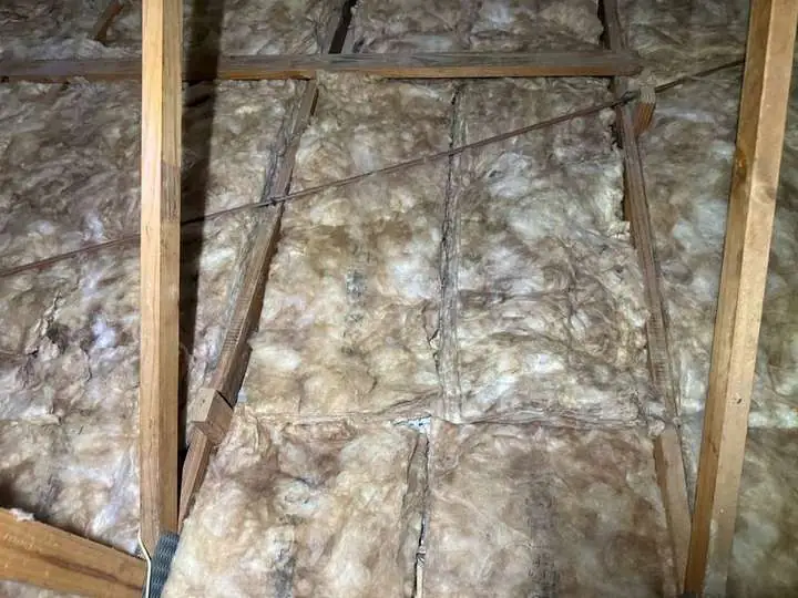 Brown Earthwool fibreglass batts laid between ceiling joists with visible gaps along the seams in a real roof