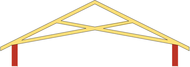 A diagram of a timber scissor truss with crossing internal members and a sloped bottom chord on two wall supports