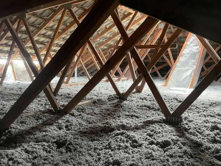 Seamless grey cellulose fibre insulation laid as one continuous blanket across an entire ceiling under timber roof trusses, Comfort Zone install, Wynnum QLD