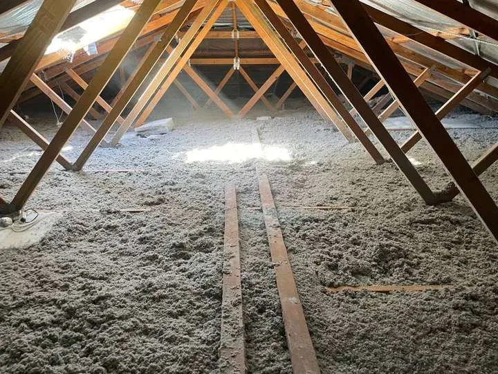 Grey cellulose fibre blanket viewed looking straight up through the centre of a roof, Comfort Zone install, Reesville QLD