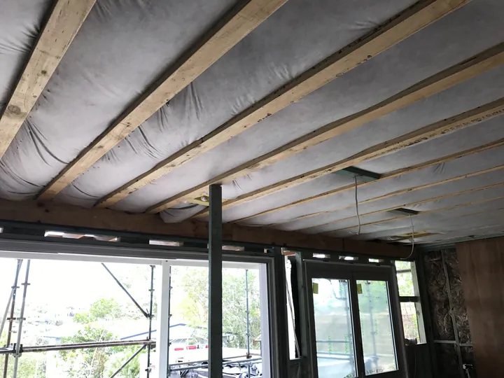 Cellulose insulation held in place by stapled fabric in a ceiling cavity before the plaster goes on, Comfort Zone