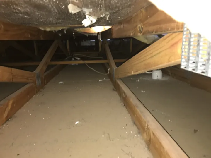 Inside a very low-pitch cliplock metal roof showing the tight cavity Comfort Zone insulates with cellulose