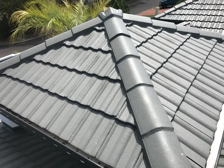 A freshly cleaned charcoal-grey concrete tile roof on a Fraser Coast home, photographed from up on the ridge in bright sun. The capping tiles run dead-straight along the hip and ridge lines, the tiles are uniform and free of moss, with tropical garden foliage and the neighbouring street visible past the gutter line.