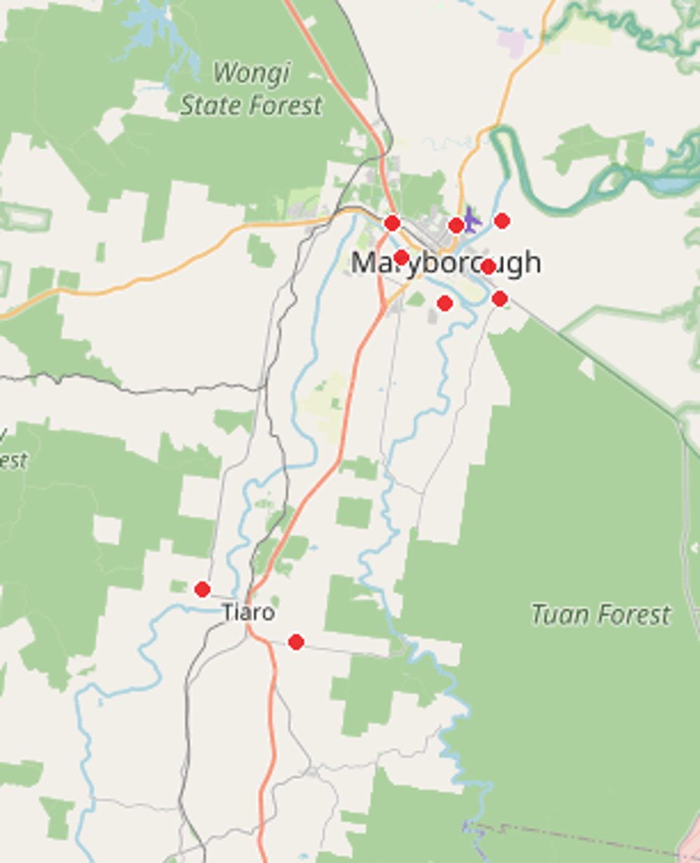 Map of the Fraser Coast with red pins marking homes Comfort Zone Insulation has helped (locations de-identified)
