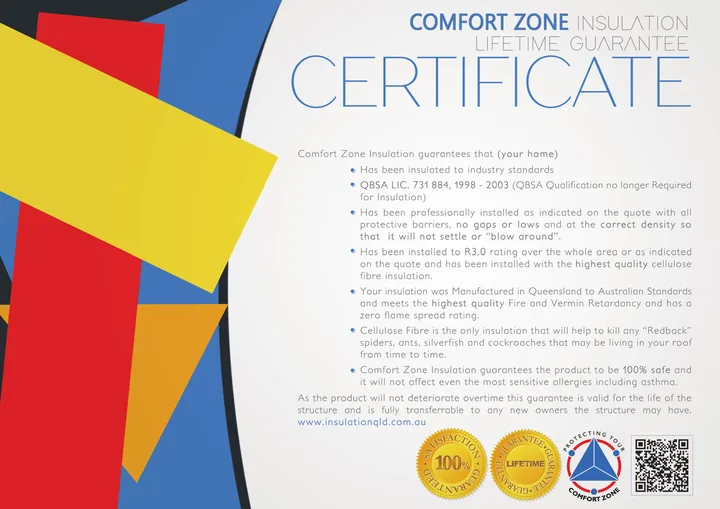 Comfort Zone Insulation Lifetime (Life-of-House) Guarantee certificate, the cellulose warranty