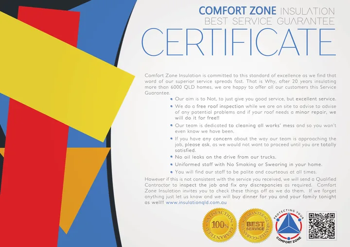 Comfort Zone Insulation Best Service Guarantee certificate listing the company's on-the-job service promises