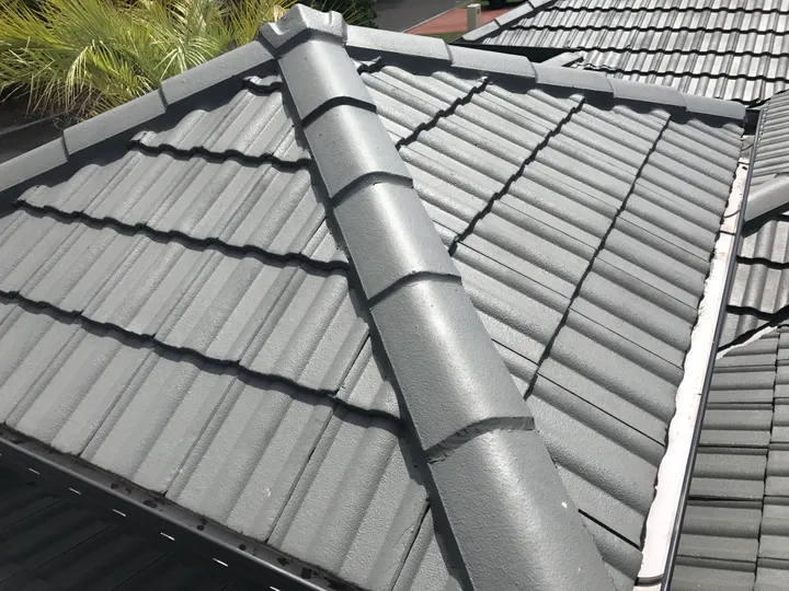 A freshly capped grey concrete tile roof shot from above in bright sun, the hip ridge running clean down the centre with neatly bedded ridge caps, green garden foliage and a quiet street in the background.