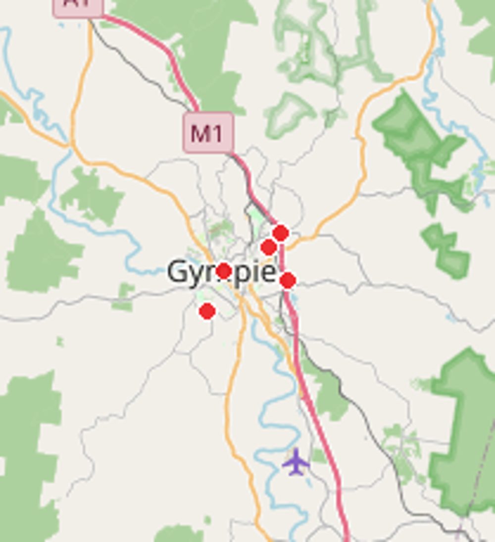 Map of Gympie with red pins marking homes Comfort Zone Insulation has helped (locations de-identified)