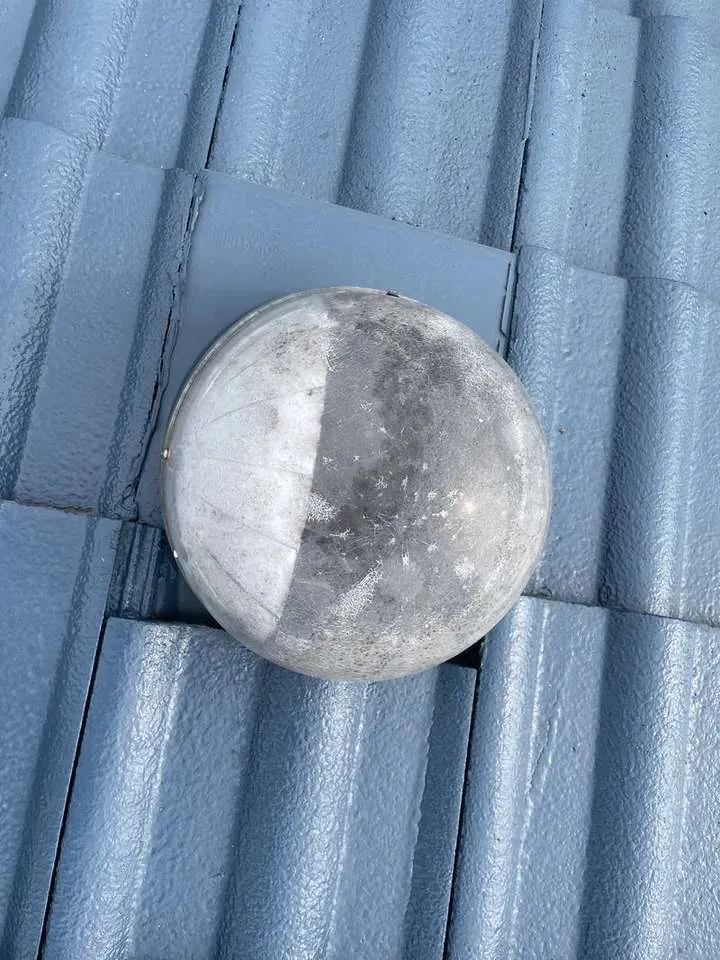 A cracked solar light dome found on a Casino roof inspection, June 2024. Comfort Zone reports faults it finds