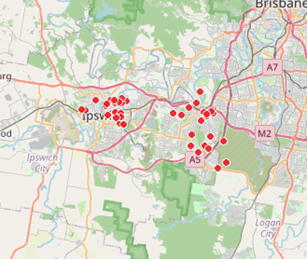 Map of Ipswich with red pins marking homes Comfort Zone Insulation has helped (locations de-identified)