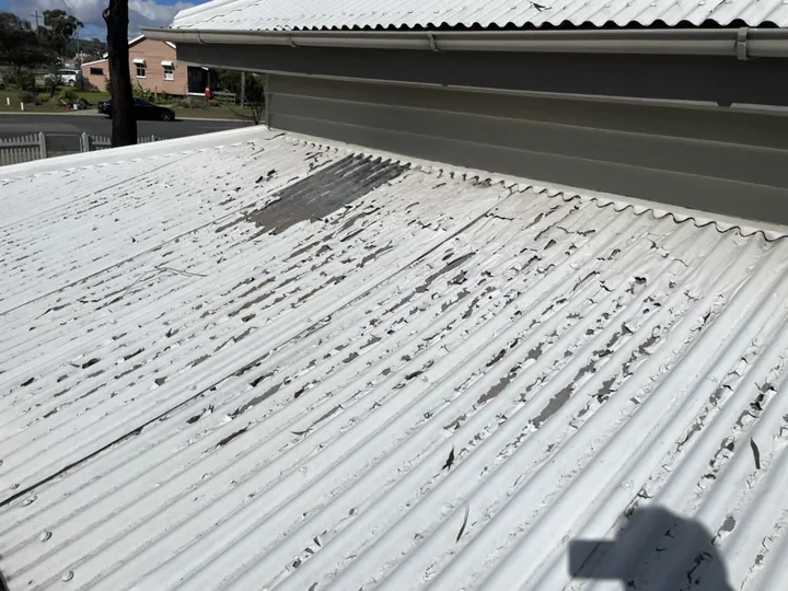 Extensively flaking and peeling white paint on an old corrugated metal roof, worn back to bare metal in places