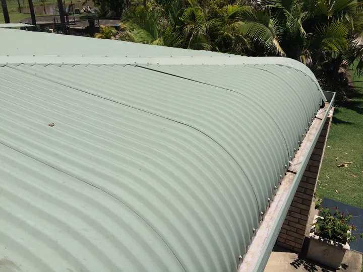 A clean sage-green curved bullnose corrugated metal roof over a Logan home, palm trees and lawn behind it, gutter line running off to the right under a bright sky