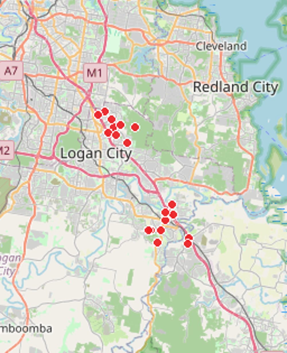 Map of Logan with red pins marking homes Comfort Zone Insulation has helped (locations de-identified)