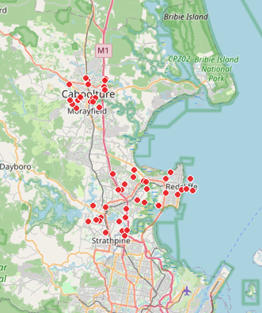 Map of Moreton Bay with red pins marking homes Comfort Zone Insulation has helped (locations de-identified)