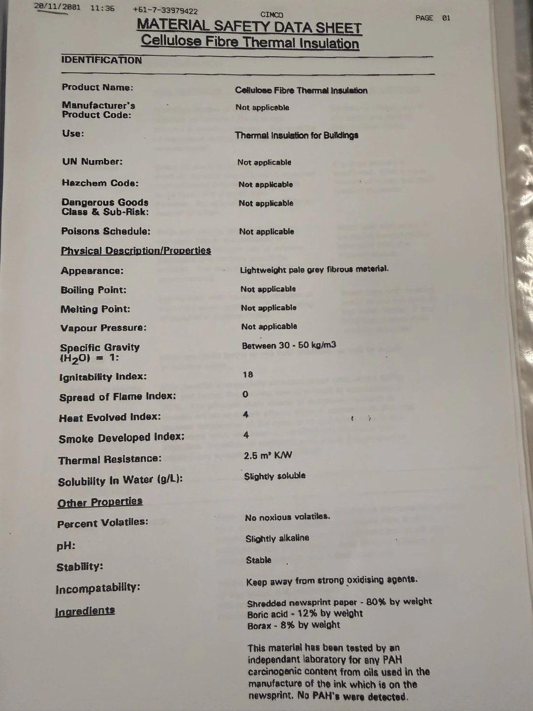 Page one of the Material Safety Data Sheet for Cellulose Fibre Thermal Insulation, faxed 28 November 2001. The ingredients panel reads: shredded newsprint paper 80% by weight, boric acid 12% by weight, borax 8% by weight. Spread of Flame Index is 0, UN Number, Hazchem Code, Dangerous Goods Class and Poisons Schedule are all "Not applicable", and a note records that an independent laboratory tested the newsprint ink for PAH carcinogenic content and none were detected.