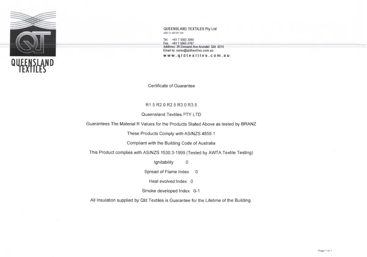 Queensland Textiles Certificate of Guarantee — the one-page document guaranteeing the material R-values R1.5 to R3.5 as tested by BRANZ, compliant with AS/NZS 4859.1, fire-tested to AS/NZS 1530.3, for the lifetime of the building