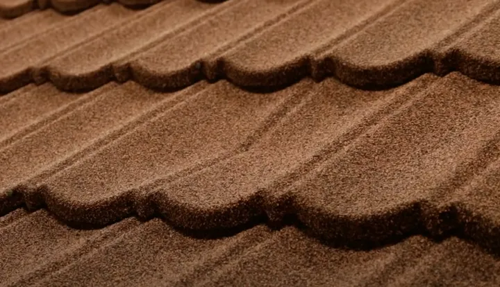 Brown stone-coated pressed-metal roof tiles that look like clay tiles but are made of metal