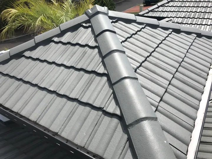 A freshly finished charcoal-grey concrete tile roof photographed in bright sun, with crisp capping along the hip and ridge and a tidy gutter line, looking down over a suburban street and garden — a clean, professional roof shot.
