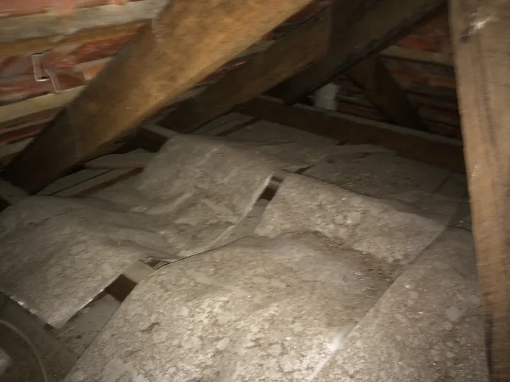 Old, dusty, sunken batts sitting gappy between the joists in a Brisbane tiled roof — the kind of failed insulation Comfort Zone tops over with cellulose or replaces