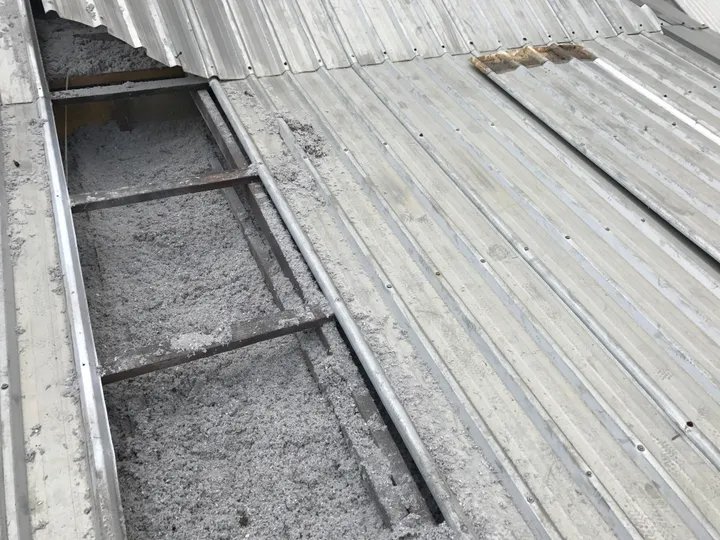 Grey blown cellulose insulation packed evenly and seamlessly into the cavity between the metal purlins of a very low-pitch iron roof, filling right up to the edges with no gaps, with the roof sheets lifted to show the full-contact fill.
