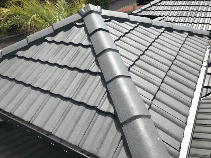 A freshly recoated charcoal-grey concrete tile hip roof on a Brisbane Valley home, photographed in bright daylight, with the ridge capping running clean down the centre and ornamental grasses and the gutter visible at the edges.
