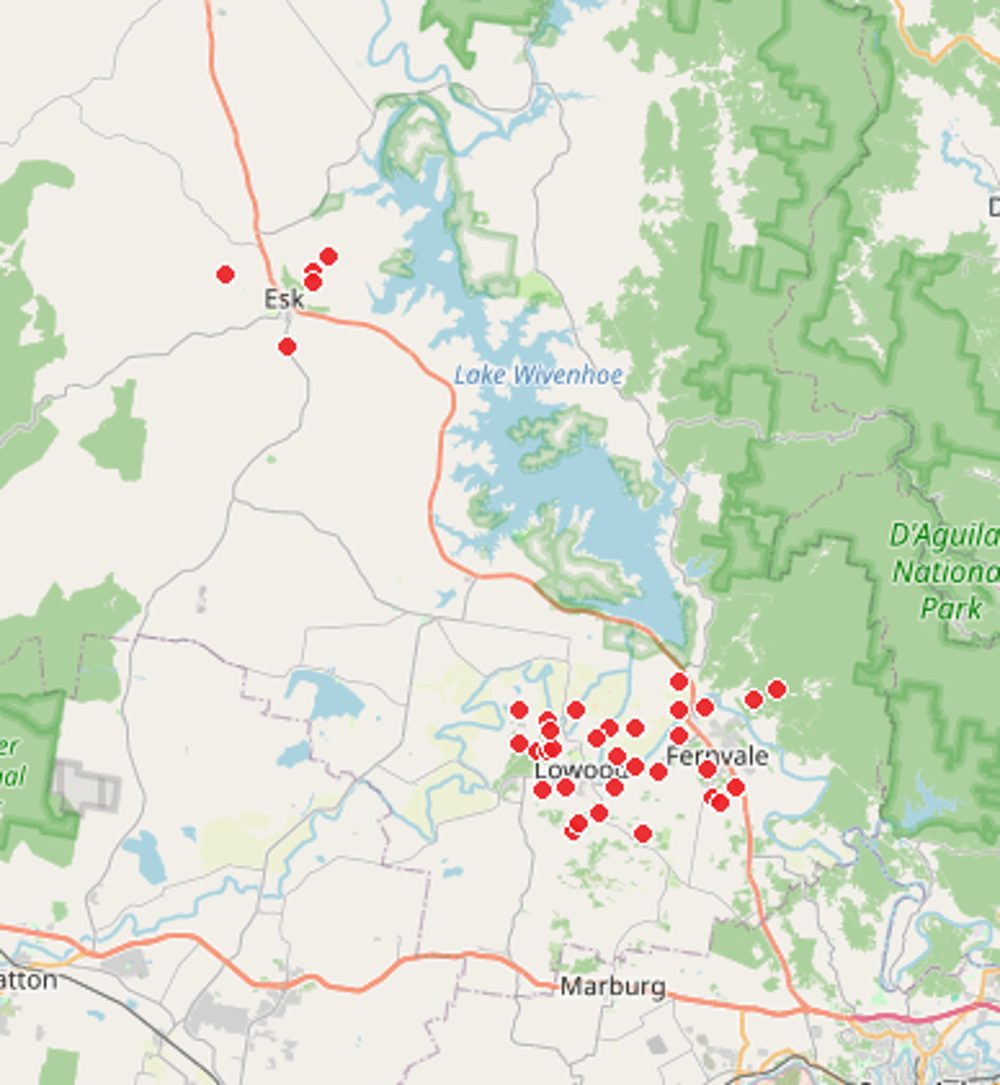 Map of the Brisbane Valley with red pins marking homes Comfort Zone Insulation has helped (locations de-identified)