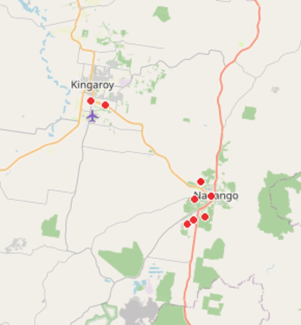 Map of the South Burnett with red pins marking homes Comfort Zone Insulation has helped (locations de-identified)