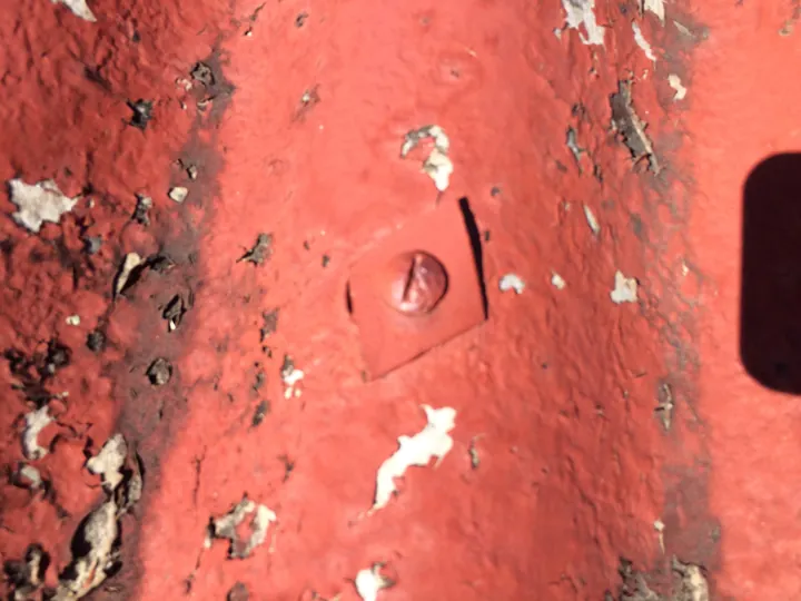Close-up of a slotted flat-head screw and square washer fixing a painted fibro Super-6 roof sheet, paint flaking around the fastener