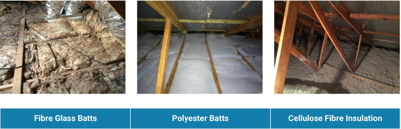 The three ceiling insulation products side by side in real Queensland roofs, labelled left to right: fibreglass batts laid unevenly between the joists with gaps and a duct running over them; white polyester batts fitted between timber joists; and grey cellulose fibre pumped in as one continuous blanket under the roof trusses.
