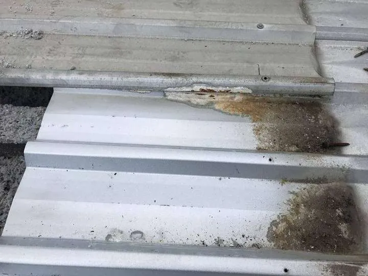 A trim-deck metal roof rusting along the laps where water pools, the kind of damage that traps moisture in spray foam